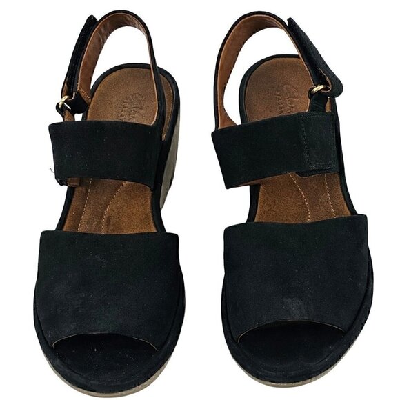 CLARKS Black Suede Hook and Loop Open Toe Sling Back Wedge Platform Sandals 9M - Picture 2 of 9